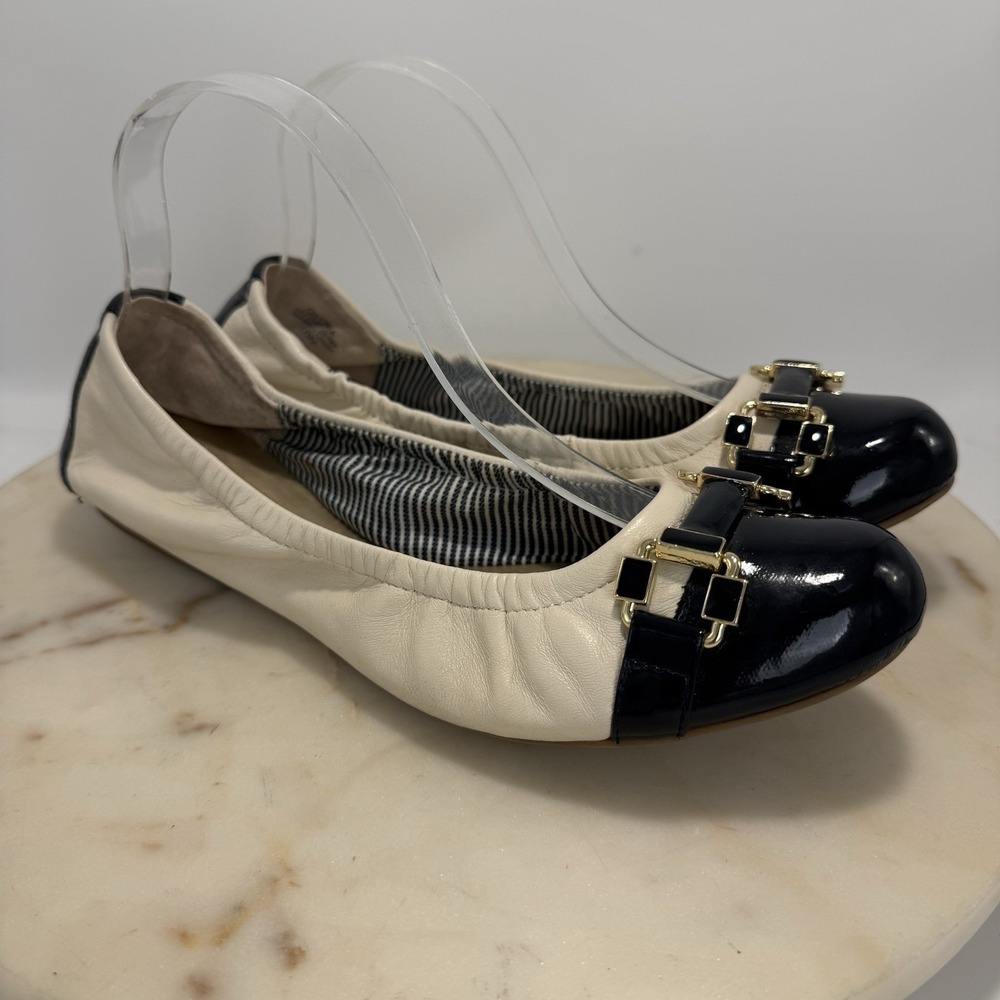 Tahari Gloria Size 10M Women's Beige/Black Leather Ballet Flats Shoes